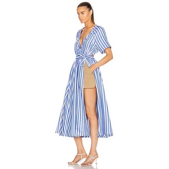 ROSIE ASSOULIN Blue White Striped Wrap Skort Side Slit V-Neckline Dress Size 6 - Picture 4 of 16